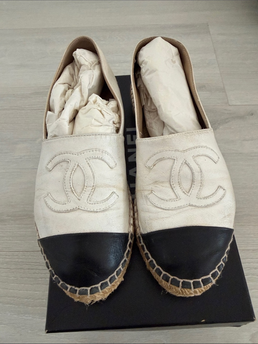 Chanel Two-Tone Leather Espadrilles in White and Black